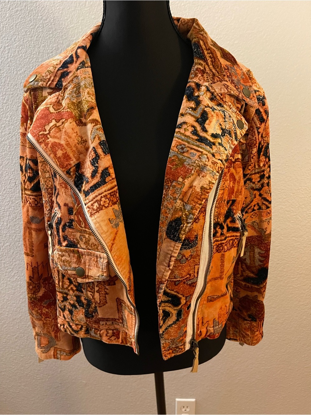 Anthropologie Orange Patterned Velvet Moto Jacket